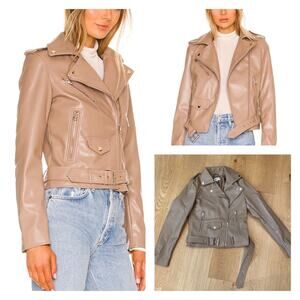 Superdown Giovanna Moto Jacket in Tan Faux Leather with Pockets Zips and Belt